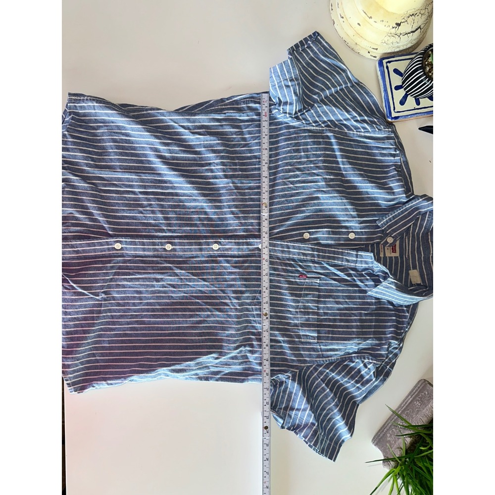 Levis Mens Standard Fit Short Sleeve Striped Button Down Shirt Blue White M